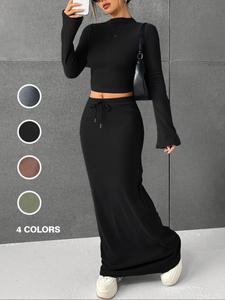 women's two-piece set long sleeve top & drawstring skirt, lady casual fitted crop length, fall winter fashion, plain color