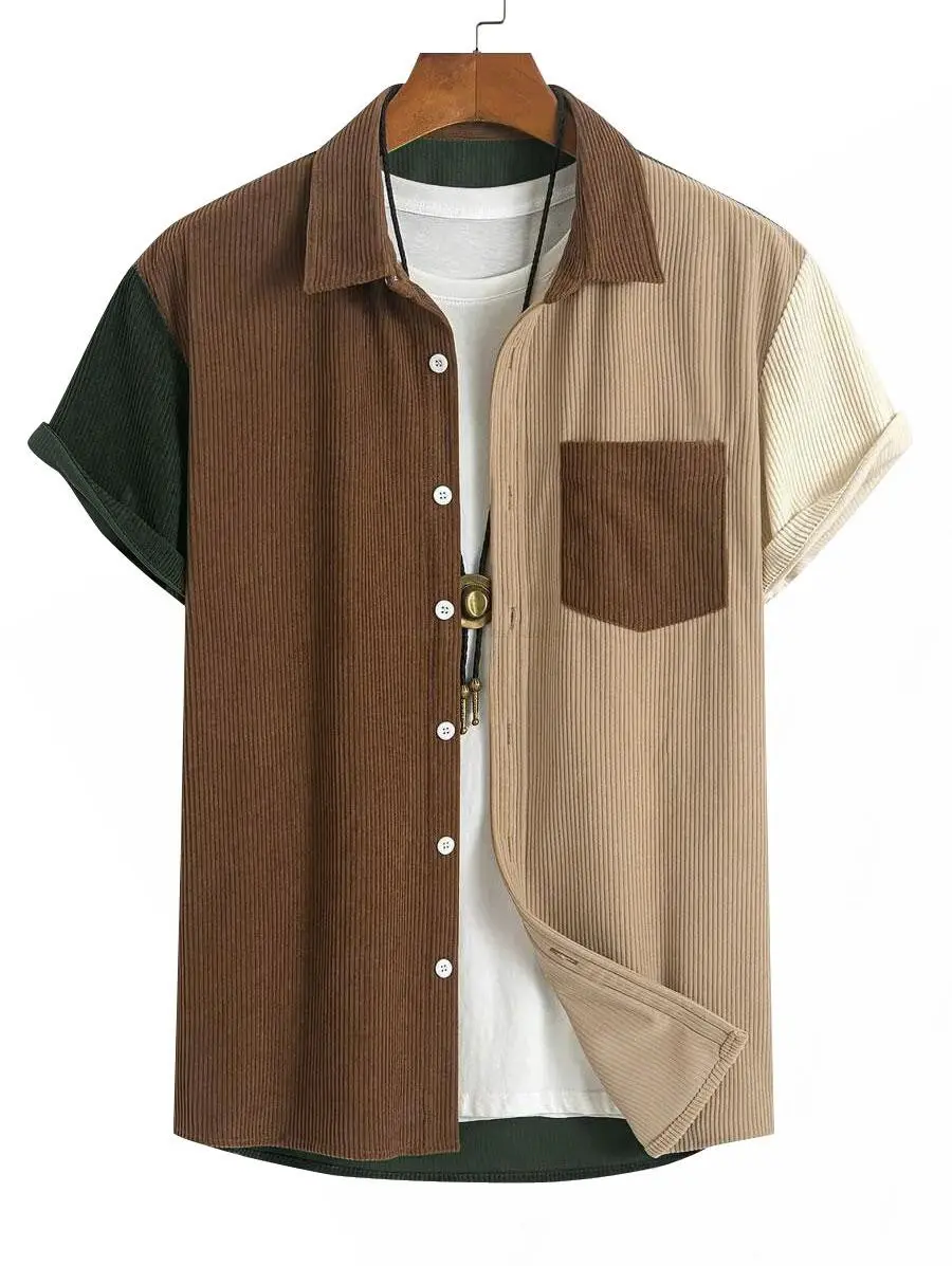 Men's Corduroy Colorblock Collar Classic Fit Menswear Casual Fashion Short Sleeve Fitted Shirt Jacket, Versatile Daily Wear Outerwear for Men Tops, Collared