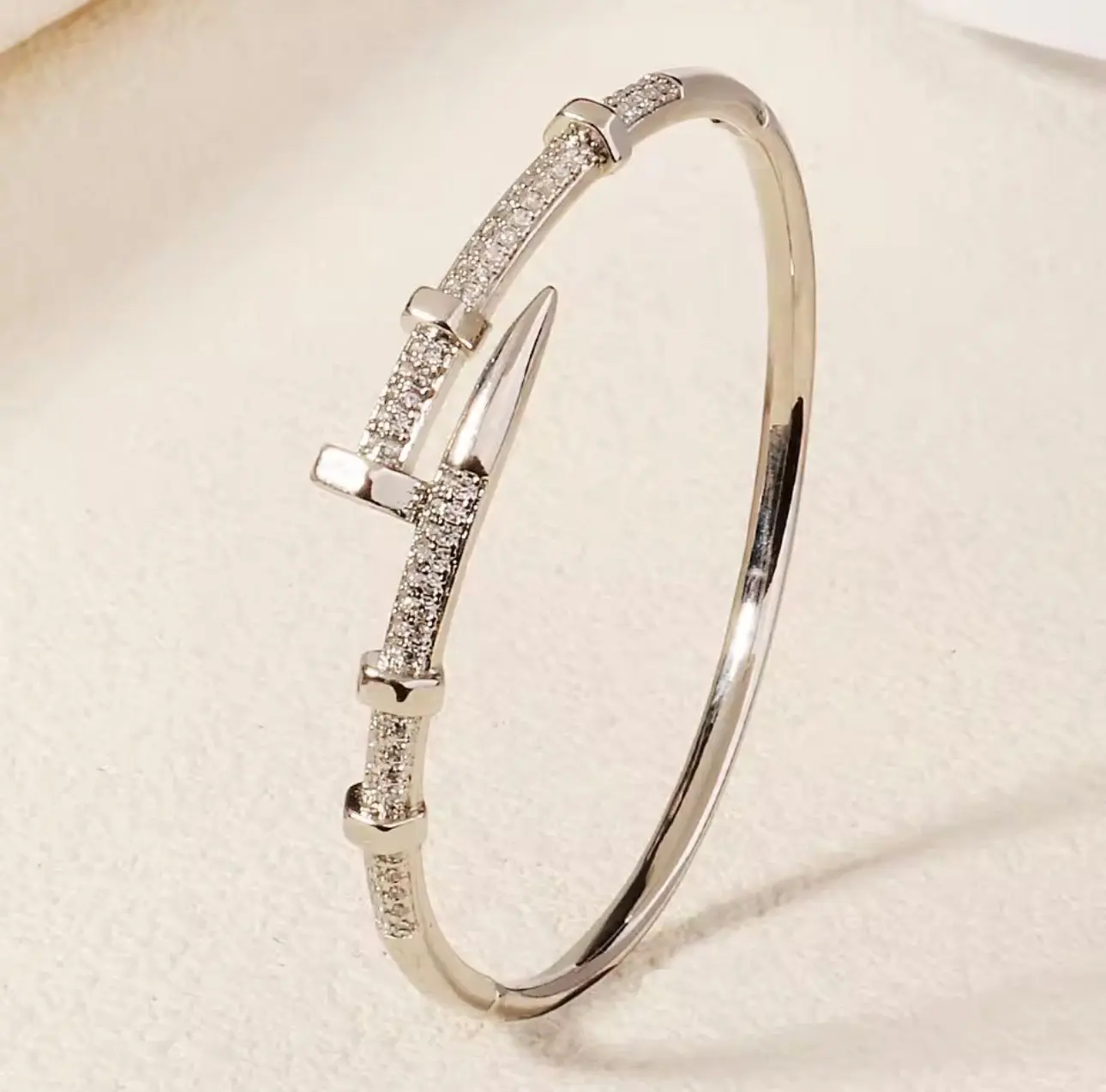 Silver-Plated Nail Bangle, Women's Hinged Cuff Bracelet with Sparkling CZ Crystal Accents, Diamond Style Fashion Jewelry, Crystal Stones, Diamond Style Bracelets & Bangles, Gold Accent Bracelets & Bangles