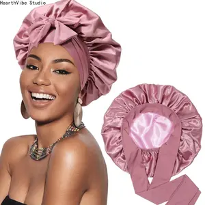 Premium Reversible Satin Bonnet with Long Ribbon Ties | Double-Layer Dual-Sided Sleep Cap, Adjustable Bow-Knot Headband Headaches-Free Hair Care Wrap for Curly Hair, Braids