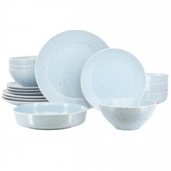 Elama ELM-EMILIA-LB 16-Piece Stylish Modern Contemporary Charm Stoneware Tableware Set - Light Blue, Double Round Bowls, Everyday Dinnerware, Microwave Safe, Dishwasher Safe, Ideal for Large Family Gatherings