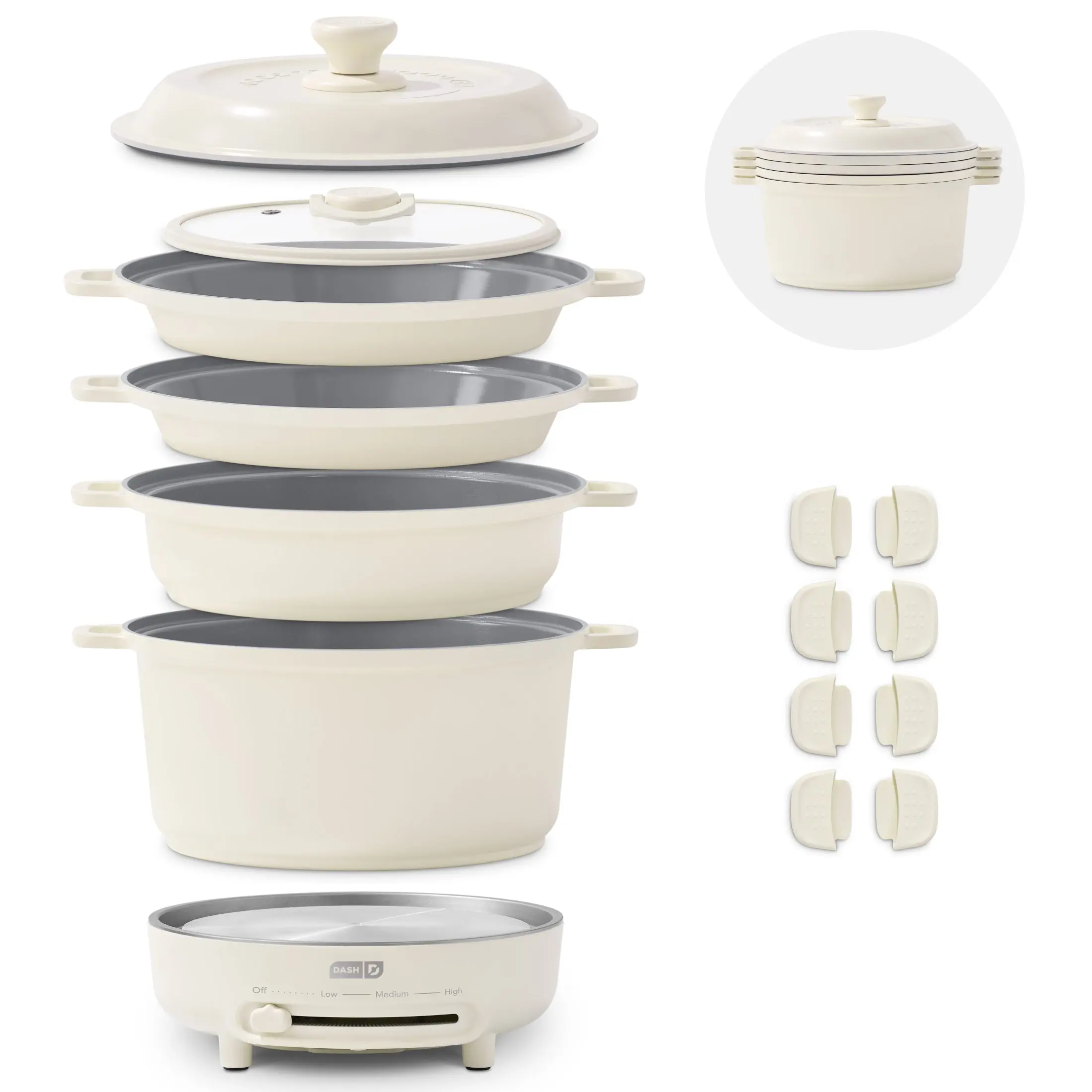 Dash Stacks Ceramic Nonstick Cookware Set - Silicone-Enhanced, Aluminum-Built, Stackable Oven-Safe Pans for Oil-Saving Frying on Countertop Burners, Lightweight