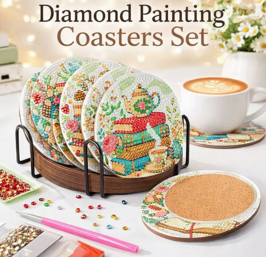 8PCS Diamond Painting Coaster Kit with Holder | DIY Gem Art Coasters for Adults & Beginners | Sparkling Rhinestone Drink Coasters with Cork Pads | Creative Craft Gift & Home Decor