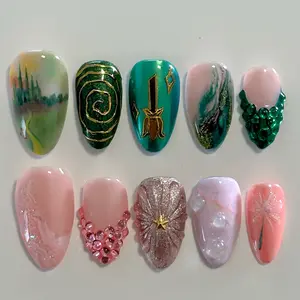 [LIMITED LAUNCH DEAL] Wicked Movie Inspired Nails, Emerald City & Glinda Dual Theme Nail Set featuring Green & Pink Tones, Wizard Castle Art