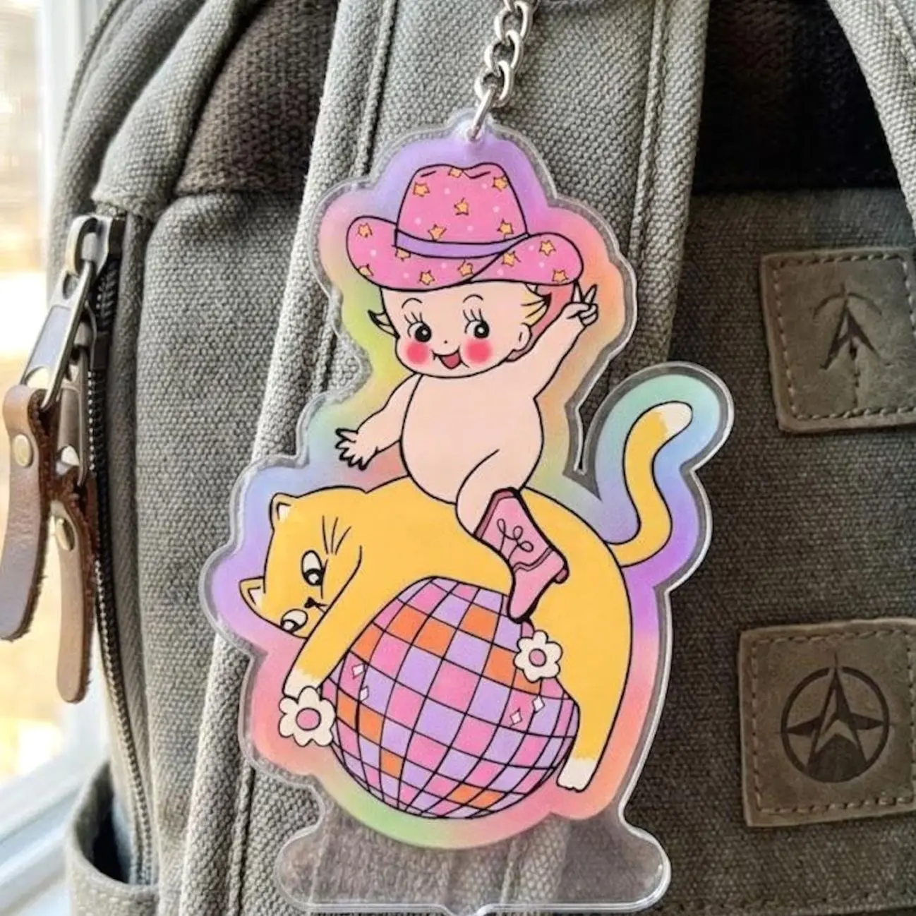 Disco Cowboy Cat Keychain, Kewpie Style Acrylic Charm, Retro Bag Accessory