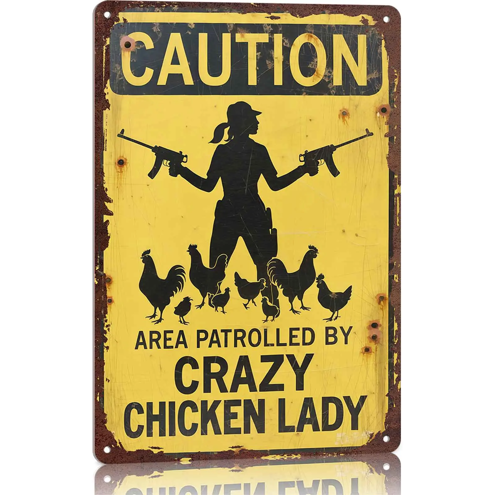 Caution Area Patrolled by Crazy Chicken Lady 12x8 Inch Aluminum Metal Sign - Funny Farm Wall Decor for Chicken Coop, Kitchen, and Country Home - Humorous Tin Sign Gift for Chicken Owners & Homesteaders Door Hanging Sign Desk Signage Decoration