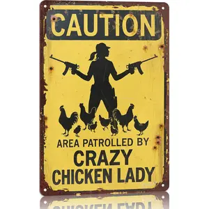 Caution Area Patrolled by Crazy Chicken Lady 12x8 Inch Aluminum Metal Sign - Funny Farm Wall Decor for Chicken Coop, Kitchen, and Country Home - Humorous Tin Sign Gift for Chicken Owners & Homesteaders