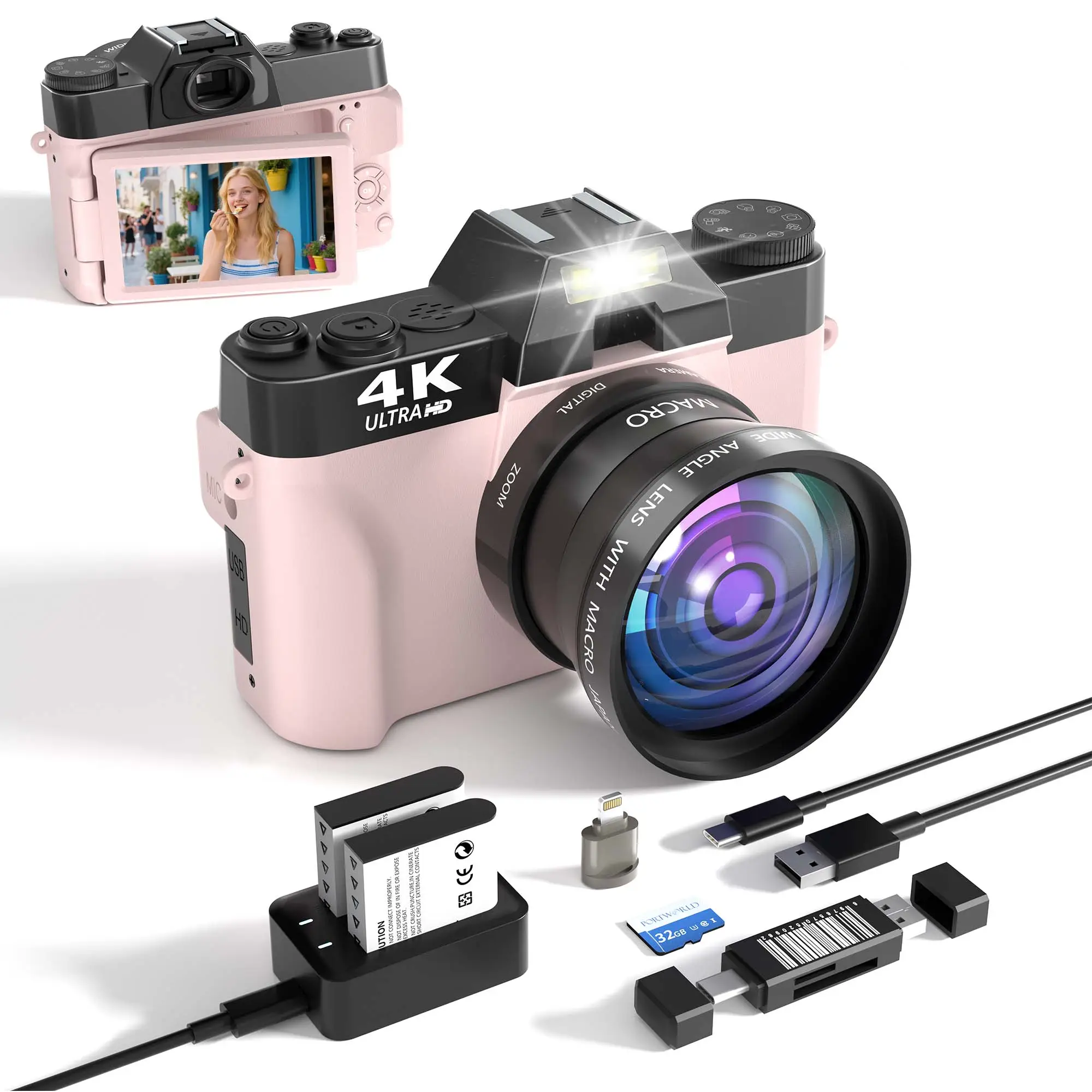 4k digital camera,vlogging camera, with 180°Flip Screen cameras for pictures,16x Digital Zoom，mic for camera vlog,32G TF Card video camera ,Perfect Bi