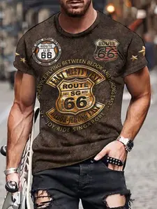 Men's Creative Highway Print Streetwear Short Sleeve Stretchy T-Shirt, Casual Round Neck Polyester Tee, Slight Stretch, Fitted Knit Fabric, All Seasons