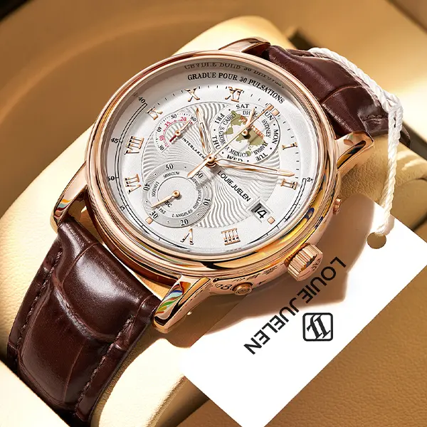 Men's Watch Original Movement LOUIEJUELEN Swiss Brand with Luminous Date Display Function 3ATM Waterproof Sapphire Crystal Artificial Leather Strap Multi-Function Chronograph Suitable for Work Occasions