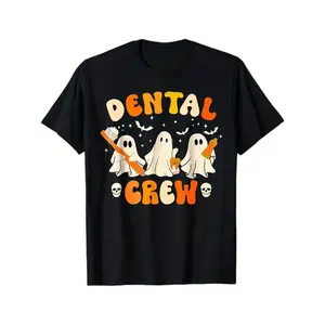 Retro Halloween Dental Crew Funny Boo Teeth Dentist Hygiene T-Shirt, 100% Cotton, Halloween Theme Gift, S - XXXL y2k  outfits  men time  tee  shirt  backwards demon slayer  merch double print oversize lightweight graphic tee c men's t shirts
