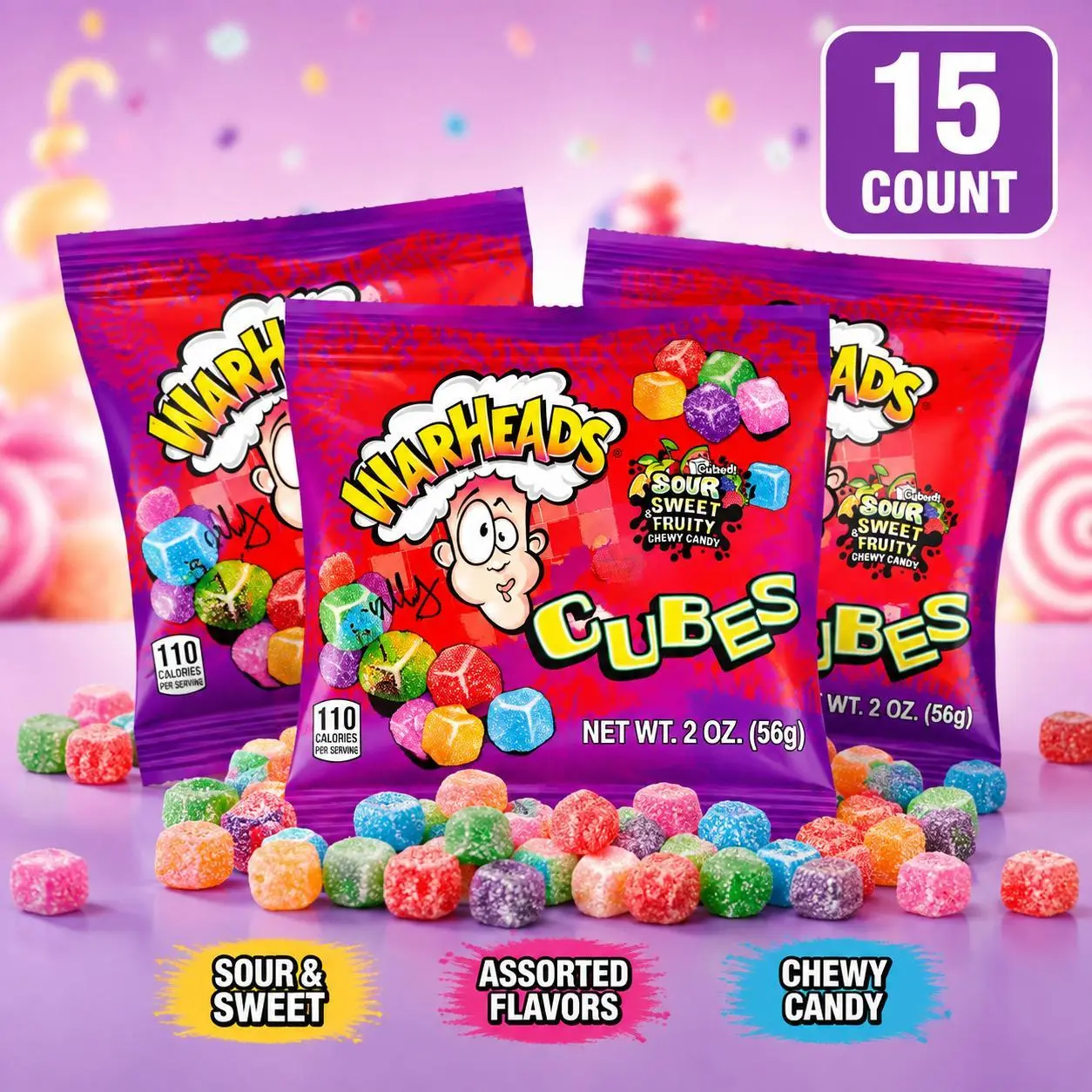 Warheads Sour Soft Chewy Cubes Assorted Candies, 2oz, 15-Count Sweet Snacks for Adults