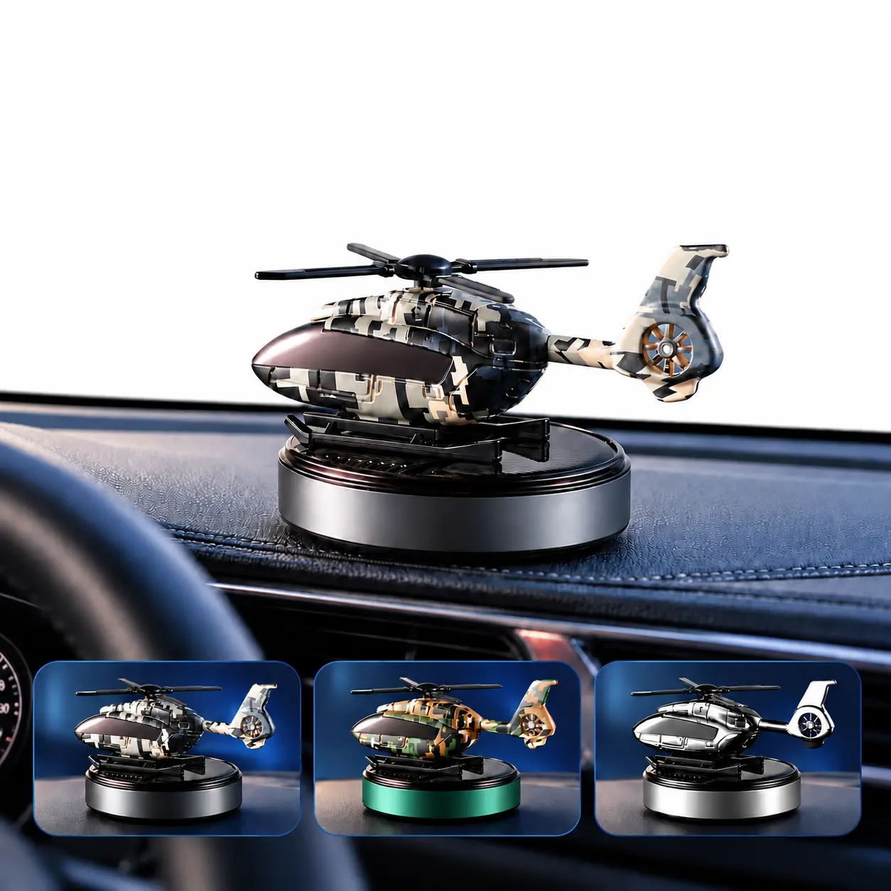 Solar-Powered Helicopter Car Air Freshener with Rotating Propeller and Fragrance Refill
