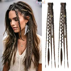 Anygoal 2PCS Braid Hair Extensions for Women Boho Clip In Braids with Beads and Charms, 16 Inch Synthetic Hair Extensions, Handmade Braided Hairpieces for Festival, Cosplay, Daily Styling and Bohemian Style