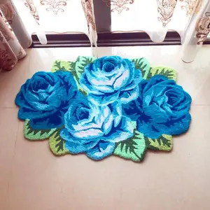 Rug Runner, 4 Rose Handmade Blue Floral Mat, Modern Carpet, Washable Floor Mat for Bedroom/Sofa/Bathroom, Anti-Slip non-slip floor carpet