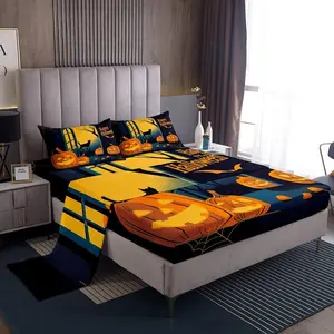 Feelyou Halloween Bed Sheets Set - Pumpkin Pattern Bedding for Kids, Decorative Bats Design with Deep Pocket Fit Fitted Sheet, Black Orange Color