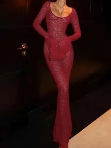 Women's Winter Fashion U-Neck Slim Fit Dress, Pure Color Fabric Sexy Transparent A-Line Gown, Casual Elegant Long Sleeve Womenswear