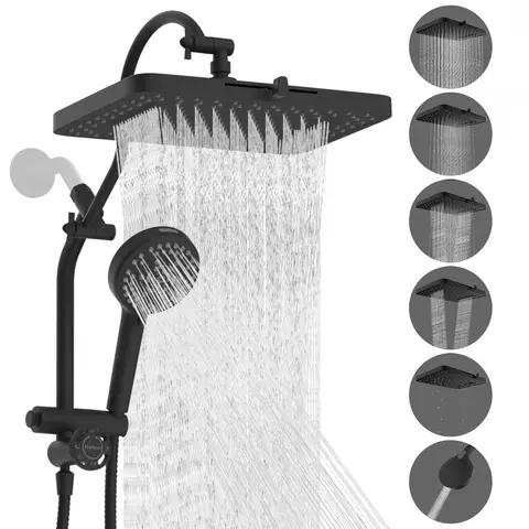 Hibbent Adjustable 5-Spray 13-in Easy-Reach High-Pressure Fixed Showerhead Combo - 10-Mode Wall-Mounted Handheld Shower, 12-in Extension Arm, 4-Way Diverter, 71-in Hose, Holder, Black, Modern Multi-Function Fixed Showerheads, Adjustable Shower Head