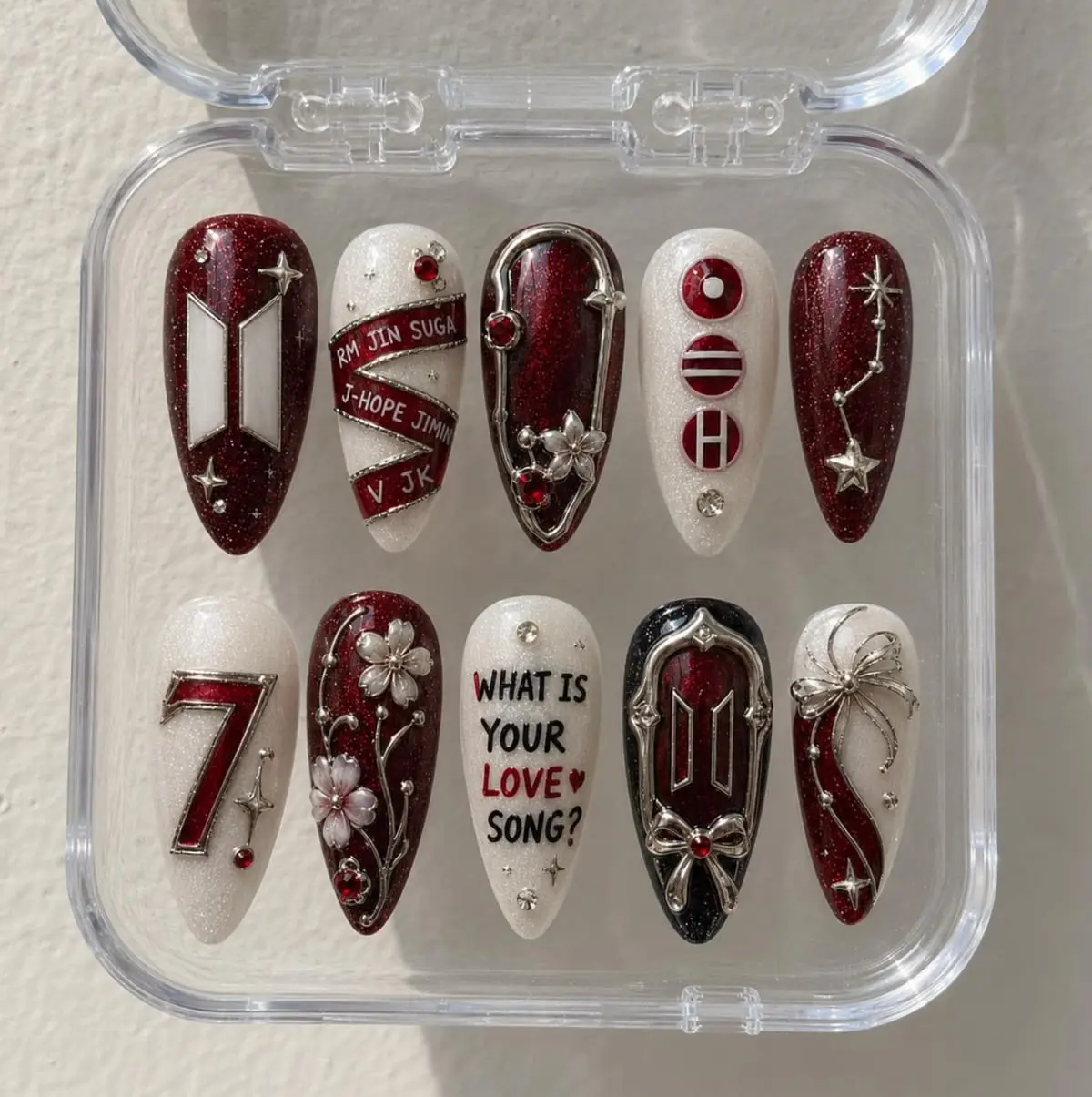 Abtses Inspired Press On Nails | Red Black White 3D Chrome 7 Logo Member Name Kpop Handmade Nail Set| FREE Adhesive Tabs  Nail File Cuticle Stick