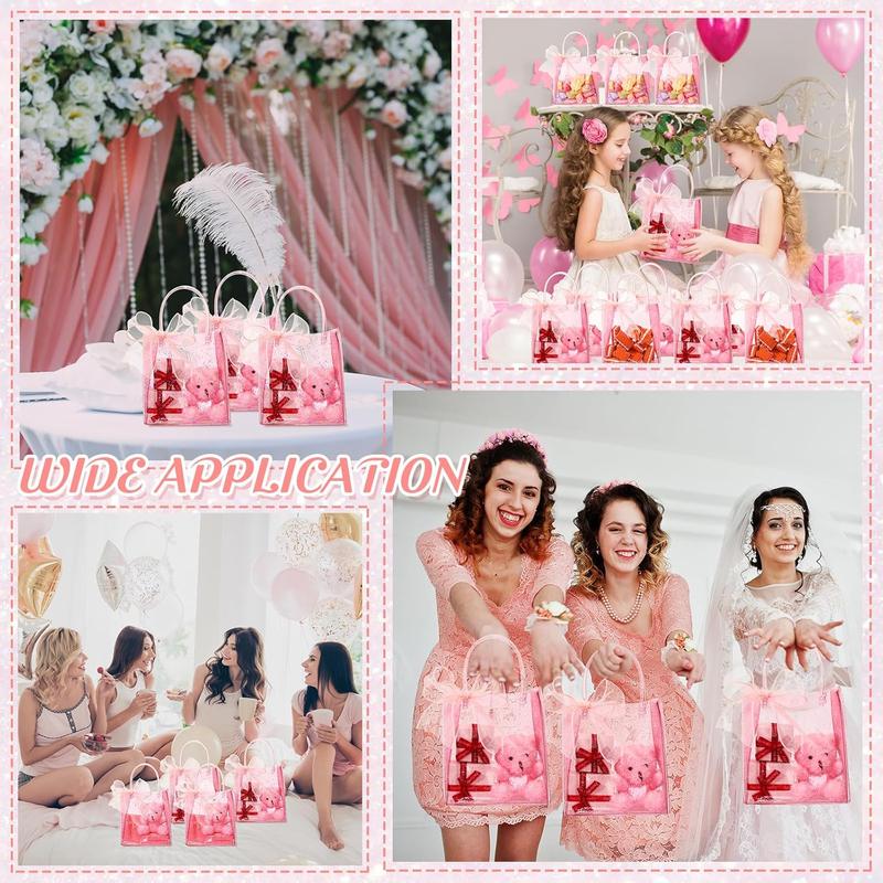 24 count Clear   Bags with Handles 6.1 x 5.9 x 2.8 Inch Wedding Transparent Glitter Tote with Ribbons  PVC  Wrap Bags for  Bridal Shower Birthday Party