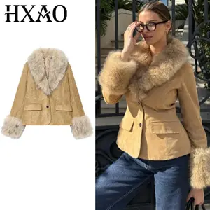 HXAO Women's Blazer Suede Blazer Woman Autumn 2025 Elegant Faux Fur Long Sleeve Blazer Mujer Ladies Fashion Button Suit Jackets