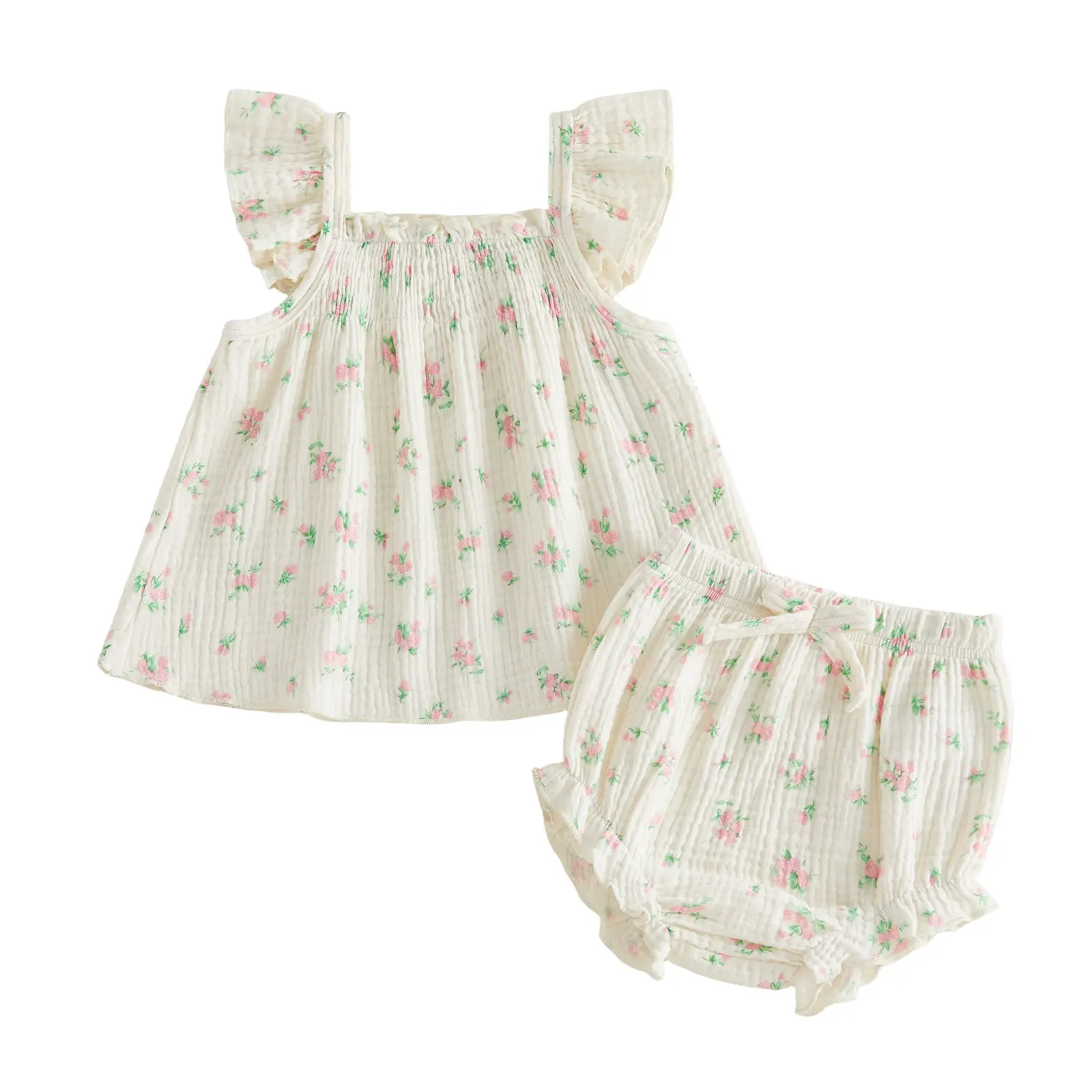 Baby Girl Floral Camisole & Bubble Shorts 2 Piece Set Flutter Sleeve Lightweight Summer Outfit for Newborn