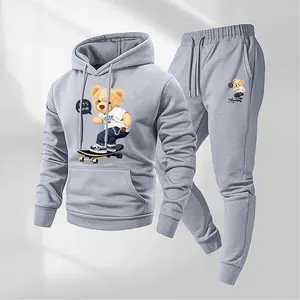 Men's Cute Sports Hip-Hop Bear Sweatpants Set, Menswear, Casual Athletic Long Sleeve Hooded Jacket & Trousers for Fall & Winter, Men's Clothing for Daily Wear, Sportswear Indoor Outdoor, Tracksuit, Athleisure
