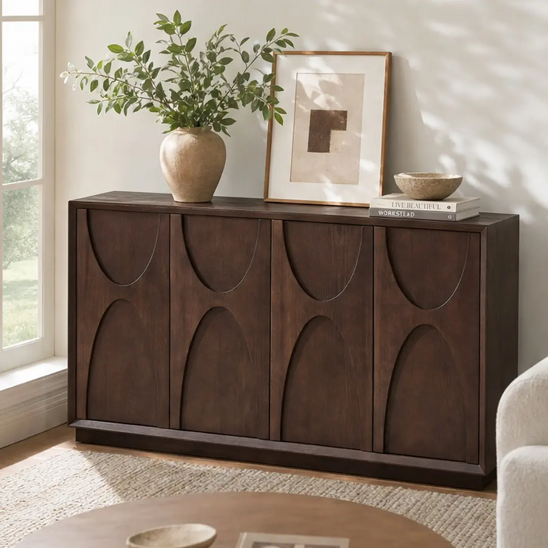 ARCH 59.7W x 32.3H Wood Textured Sideboard, 4-Door Solid Wood Carved Accent Cabinet, Push-to-Open Storage with Adjustable Shelves, Cable Management, Ash Veneer, Natural Walnut for Living Room, Dining Room, Wood Textured Sideboards