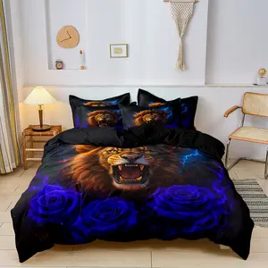 3pcs Duvet Cover Set, Soft and Comfortable, Decorative Duvet Cover, Black Lion Duvet Cover Extra Large, Lion Double Bedding Set for Boys, Duvet 3D Animal Print Set Large, Red Rose Bedding Set, Bed Sets