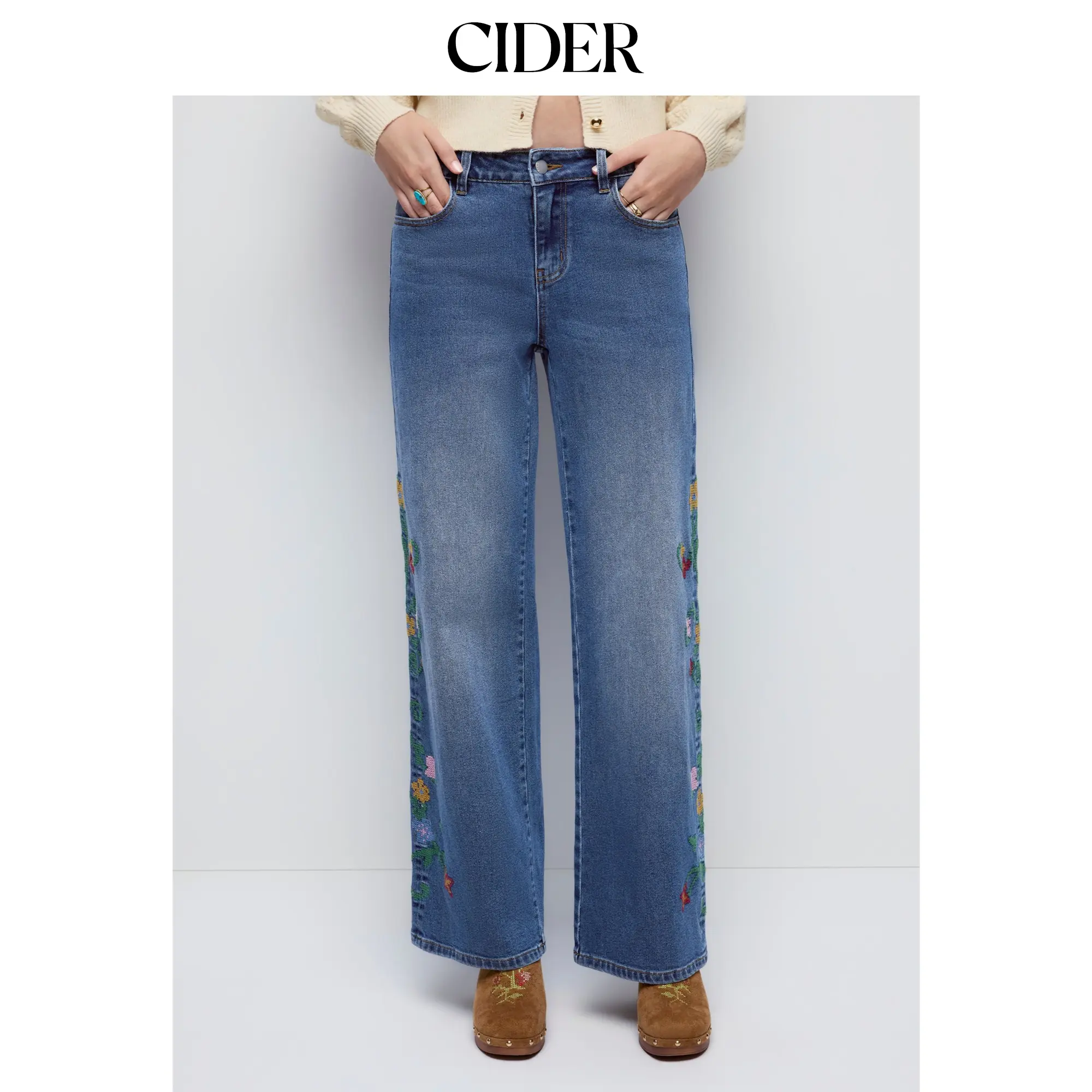 Cider Denim High Rise Floral Embroidery Metal Detail Wide Leg Jeans