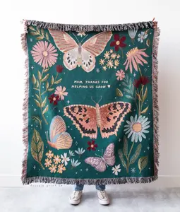 [Ship From US] Personalized Butterfly Blanket for Mom – Floral Woven Throw, Custom Baby Name Gift, Grandparent Garden Keepsake, Teal Nursery Decor