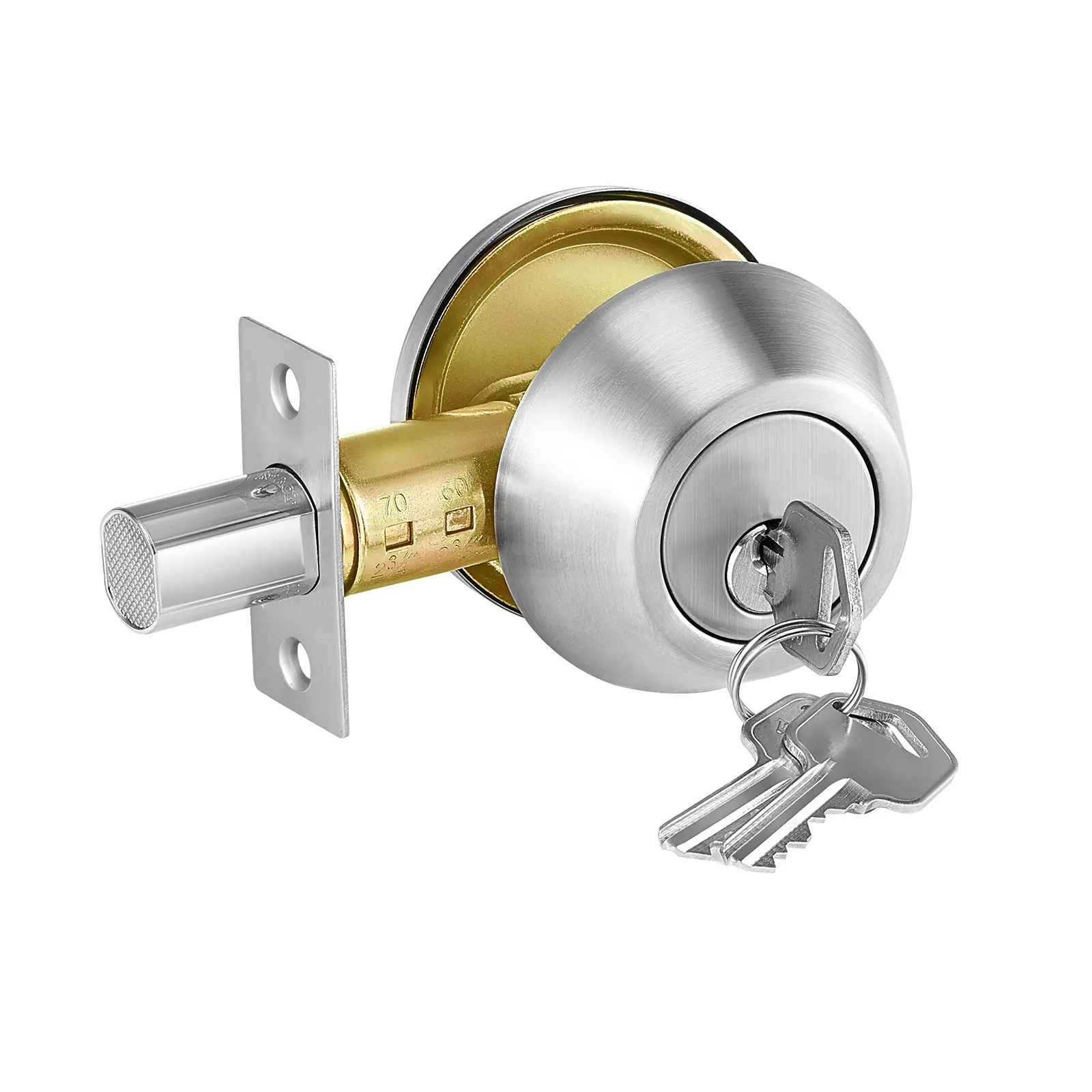 Modern Round Satin Nickel Single Cylinder Deadbolt Lock Kit - Single Keyway, Keyed 1 Side with 3 Keys, Adjustable Latch, All-Metal for Residential Secure Access, Residential Users
