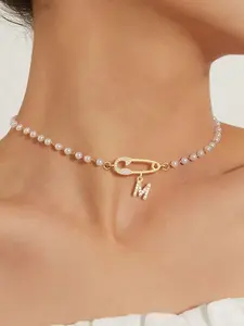Women's Elegant Zirconia Pin Letter Pendant Necklace, Faux Pearl Chain Design, All-Season Jewelry Accessory for Women, Pearl Letter Beaded Necklace