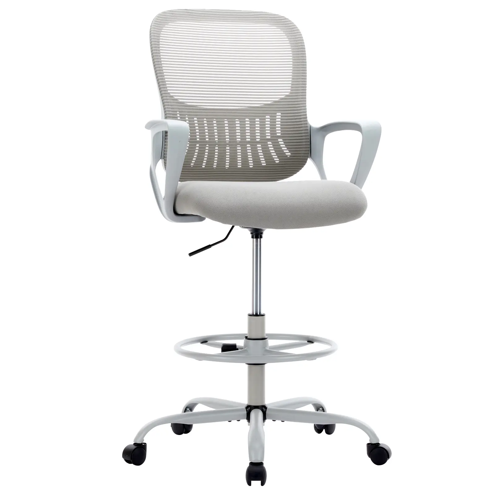 Gray Ergonomic Tall Office Drafting Chair - Adjustable Height Computer Stool with Lumbar Support, Footrest & Fixed Arms, Comfortable Rolling Swivel Task Chair for Standing Desk or Counter