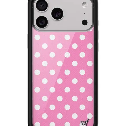 Wildflower Limited Edition Pink Polka Dot Polyurethane Rubber Custom iPhone Cellphone Case Cover - Durable, Dainty, Trendy, Classic, Shockproof, Raised Bumper, Screen Protector, Silver WF Emblem, Protective Girly Gift Accessory for Mobile Devices