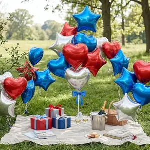 25.4cm Blue Red Love Balloon, 18 Silver Blue Red Star Balloons, Heart shaped Balloon and Star shaped Aluminum Foil Balloon, suitable for decorating boys' birthdays, American Independence Day, graduation ceremonies, and anniversary parties