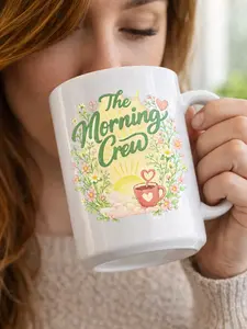 The Morning Crew Floral Coffee Mug | 15oz Ceramic Cup | Cute Coffee Lover Gift | Spring Aesthetic Mug