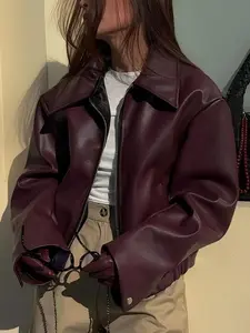 Autumn New Loose Long Sleeve Pu Jacket, Versatile Commuter Casual Coat, Wine, Comfortable Fit for Daily Wear, Womenswear（gift）（gift）