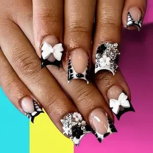 French Tip Press-On Nails Short Square 24Pcs with Bow Charms Black White Zebra Print Cute Flowers and Silver Star Rhinestones Stick-On Nails for Women