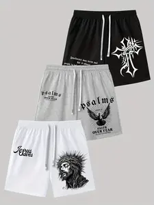 Unisex 3-Pack "Christian Faith" Graphic Shorts Set - Jesus, Psalms & Thorned Cross Print Drawstring Shorts, Soft Breathable Cotton Blend Loose Fit Casual Shorts for Men Women Teens, Versatile Streetwear for Daily Wear, Loungewear and Vacation