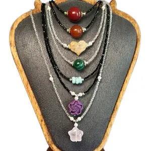 Dainty Crystal Necklace with Ornamental Charms and Beads Jewelry Moon Heart Cat Flower Pendant