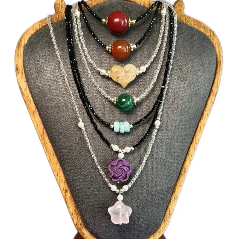 Dainty Crystal Necklace with Ornamental Charms and Beads Jewelry Moon Heart Cat Flower Pendant