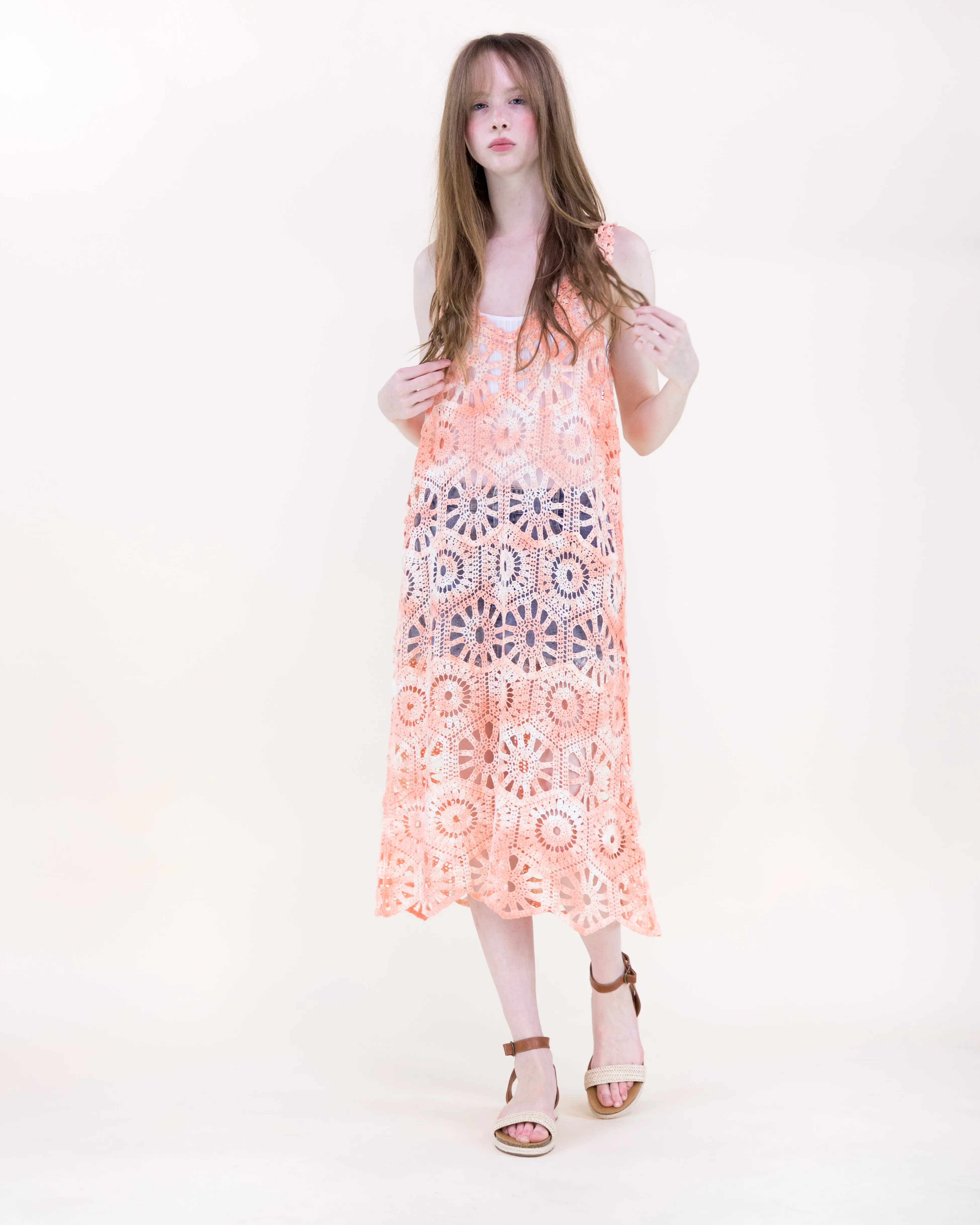 Coral Stone Crochet Tie-Dye Dress – Women’s Sleeveless Open-Knit Boho Midi Dress