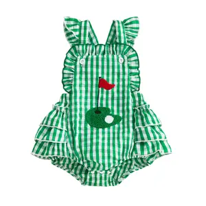 Infant Baby Girls Summer Romper Cute Golf Themed Embroidery Plaid Flying Sleeve Jumpsuit 0-18 Months