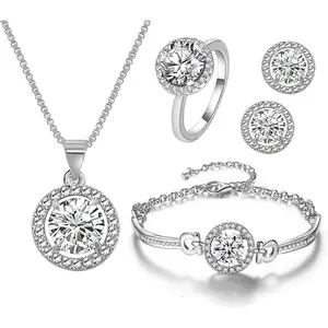 Women 4Pieces Cubic Zirconia Jewellery Set Rhinestone Necklace Earrings Bracelet Ring