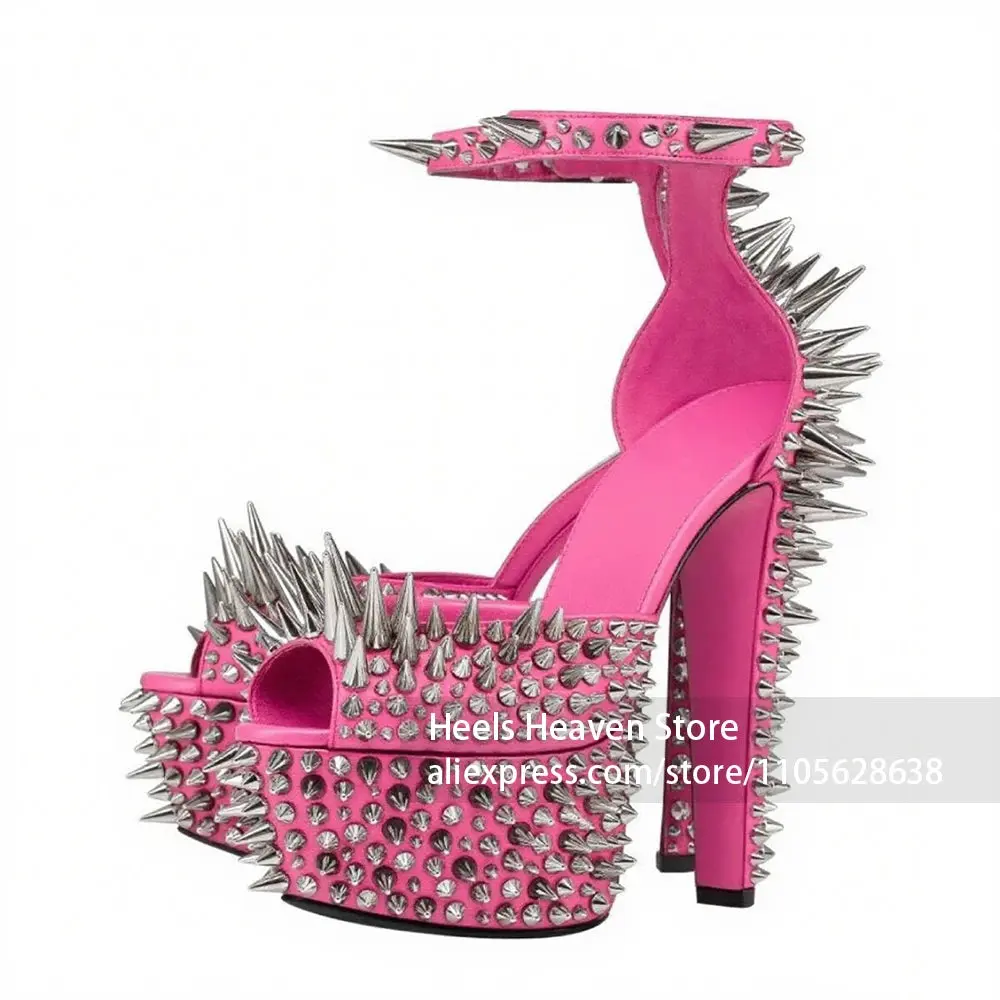 Women's Faux Leather Rhinestone Studded Open-Toe Heeled Sandals - Thick Platform Sole, Spiked Stiletto Shoe for Formal & Party Wear