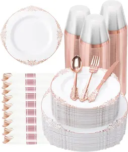 350 Piece Rose Gold Plastic Dinnerware Set for 50 Guests,Fancy Disposable Plates,Include: 100 Rose Gold Rim Plastic Plates,150 Silverwares,50 Pre Rolled Napkins,50 Cups for Party,Wedding