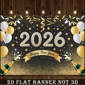 2D Flat Banner,1pc 2026 New Year's Eve Numbered 2026 Balloon Style Banner Wallpaper like Background Cloth Golden Black Large Polyester Fabric for 2026 Party Decoration