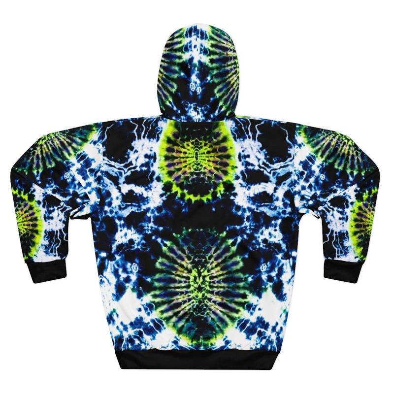 Black and White Tie Dye Print Hoodie with Highlight Yellow Cell Shape Designs for Trendy Comfort