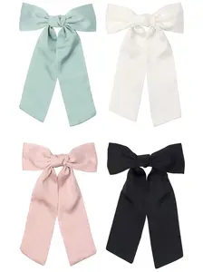 Satin Hair Bows for Girls and Women, B.PHNE Solid Bowknot French Barrettes, Silk Stuff Ponytail Hair Clips for Wedding 4 Pack (Short)